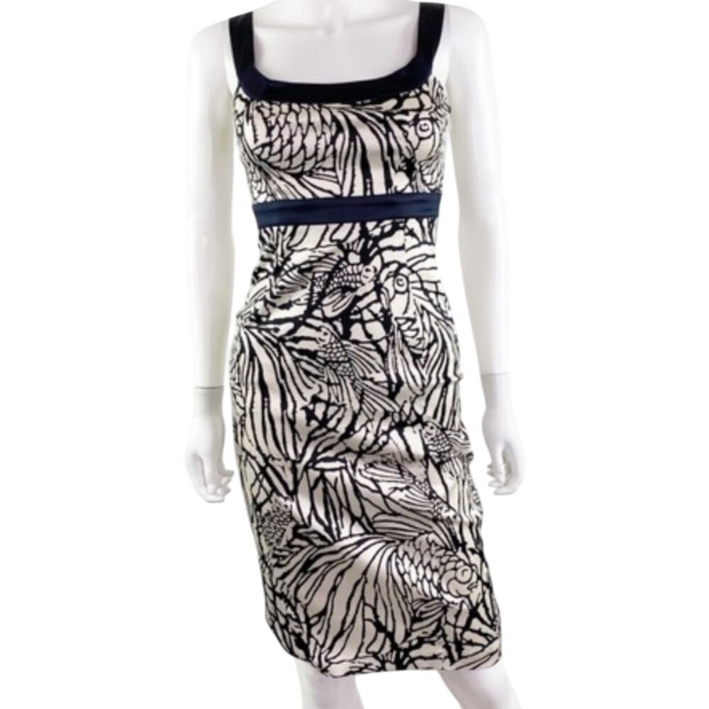 Diane Von Furstenberg Midi Dress Silk Sheath Bodycon Koi Fish Y2K Black White 2